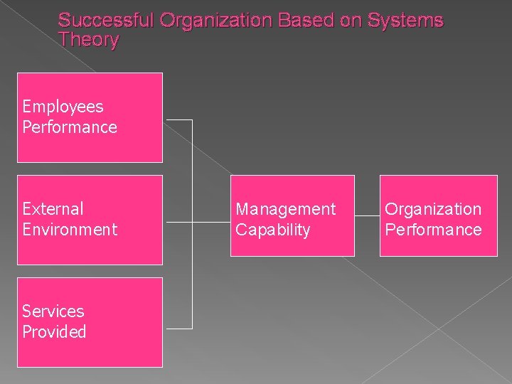 Successful Organization Based on Systems Theory Employees Performance External Environment Services Provided Management Capability