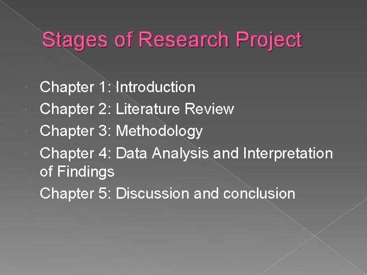 Stages of Research Project Chapter 1: Introduction Chapter 2: Literature Review Chapter 3: Methodology