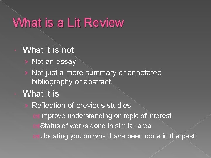 What is a Lit Review What it is not › Not an essay ›