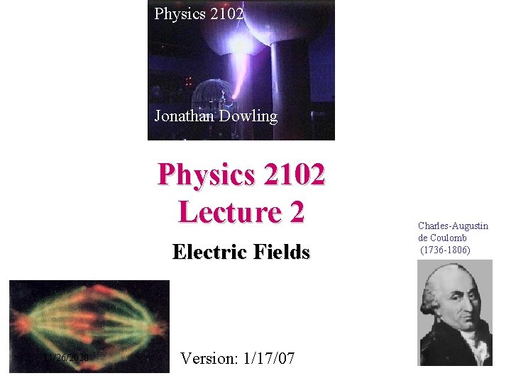 Physics 2102 Jonathan Dowling Physics 2102 Lecture 2 Electric Fields 11/26/2020 Version: 1/17/07 Charles-Augustin