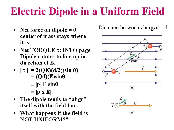 Electric Dipole in a Uniform Field • Net force on dipole = 0; center