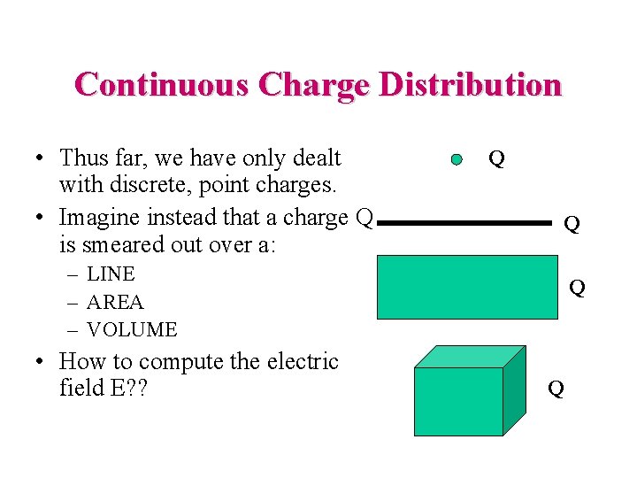 Continuous Charge Distribution • Thus far, we have only dealt with discrete, point charges.