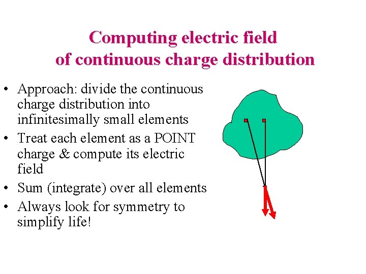 Computing electric field of continuous charge distribution • Approach: divide the continuous charge distribution