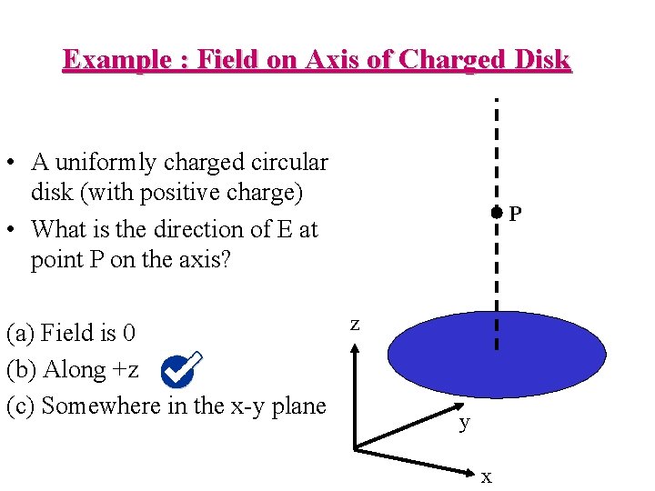 Example : Field on Axis of Charged Disk • A uniformly charged circular disk