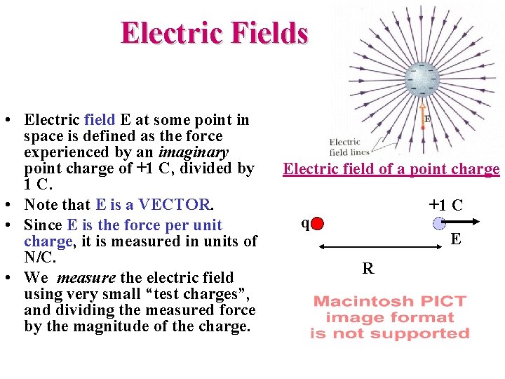 Electric Fields • Electric field E at some point in space is defined as