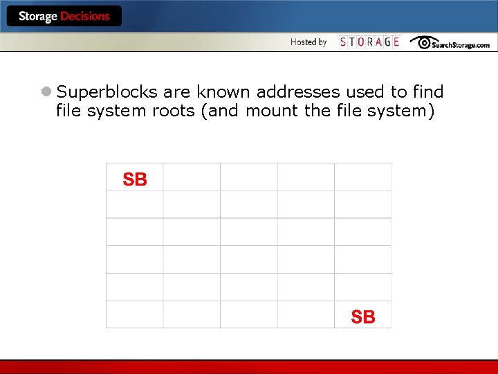 l Superblocks are known addresses used to find Superblocks file system roots (and mount