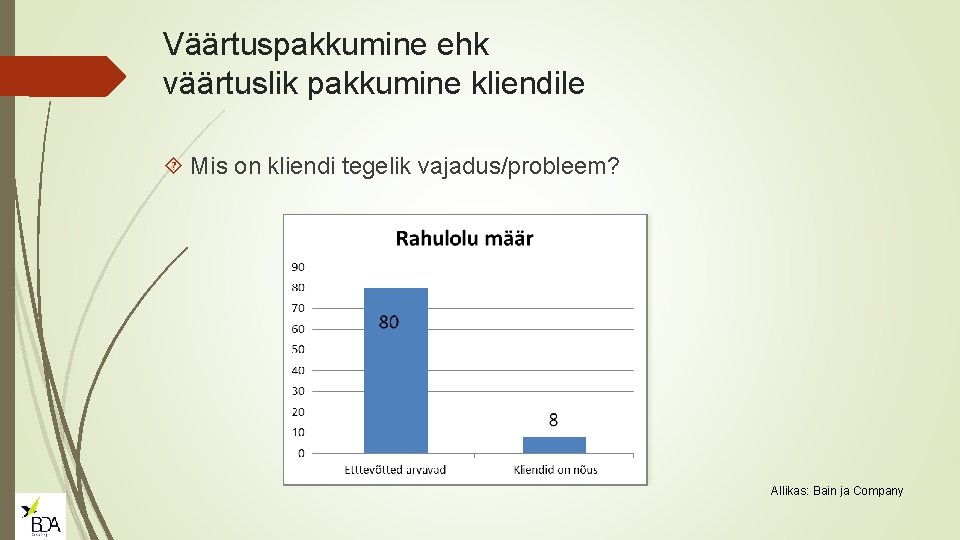 Väärtuspakkumine ehk väärtuslik pakkumine kliendile Mis on kliendi tegelik vajadus/probleem? Allikas: Bain ja Company