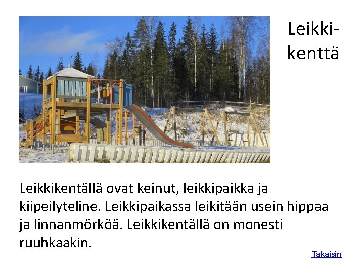 Leikkikenttä Leikkikentällä ovat keinut, leikkipaikka ja kiipeilyteline. Leikkipaikassa leikitään usein hippaa ja linnanmörköä. Leikkikentällä