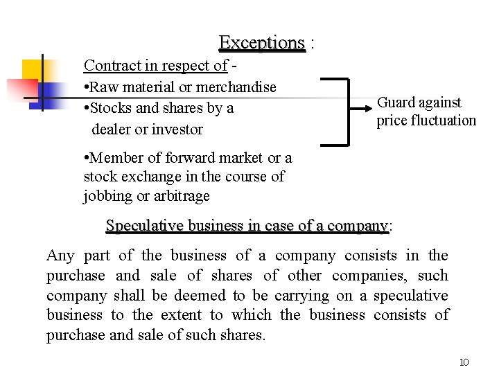 Exceptions : Contract in respect of • Raw material or merchandise • Stocks and Exceptions : Contract in respect of • Raw material or merchandise • Stocks and