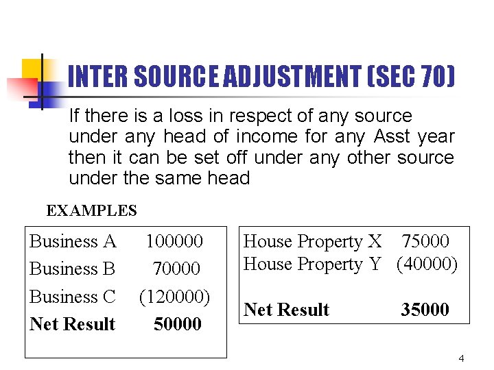 INTER SOURCE ADJUSTMENT (SEC 70) If there is a loss in respect of any INTER SOURCE ADJUSTMENT (SEC 70) If there is a loss in respect of any