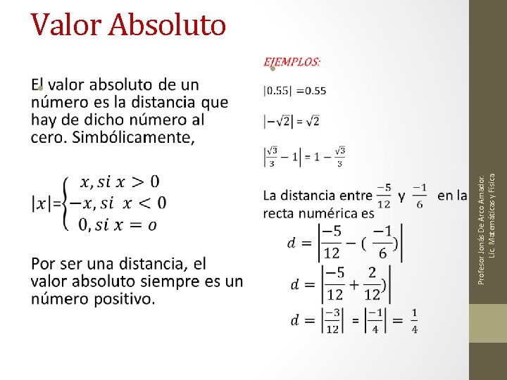  • Profesor Jonás De Arco Amador. Lic. Matemáticas y Física. Valor Absoluto •