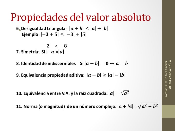 Profesor Jonás De Arco Amador. Lic. Matemáticas y Física. Propiedades del valor absoluto • Profesor Jonás De Arco Amador. Lic. Matemáticas y Física. Propiedades del valor absoluto •
