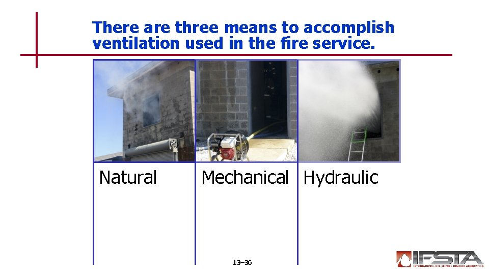 There are three means to accomplish ventilation used in the fire service. Natural Mechanical