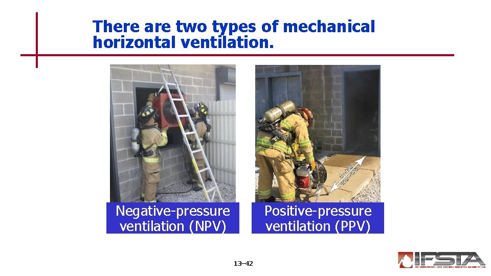 There are two types of mechanical horizontal ventilation. Negative-pressure ventilation (NPV) Positive-pressure ventilation (PPV)