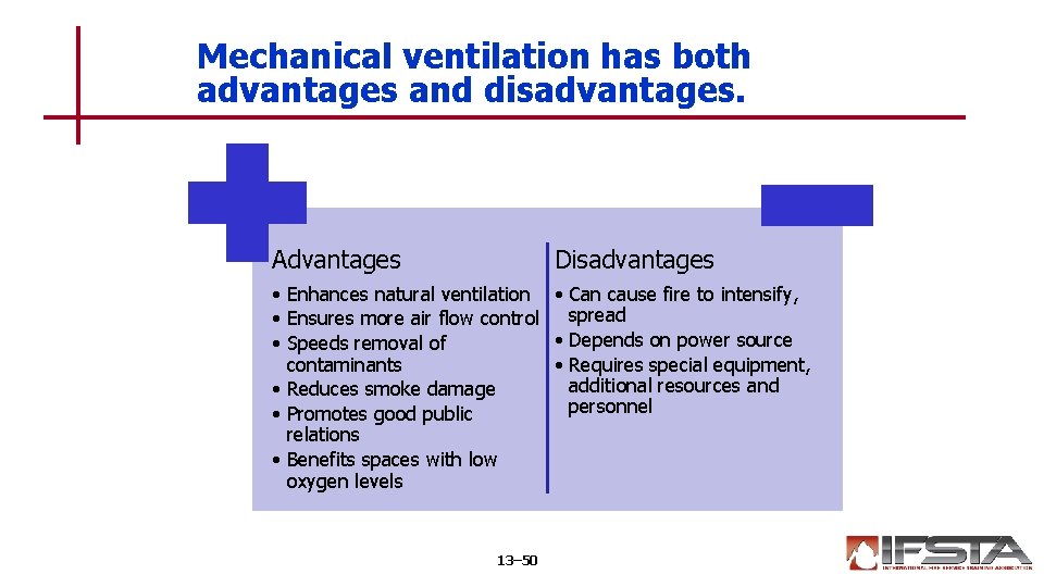 Mechanical ventilation has both advantages and disadvantages. Advantages Disadvantages • Enhances natural ventilation •
