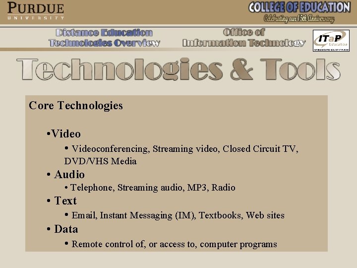 Core Technologies • Videoconferencing, Streaming video, Closed Circuit TV, DVD/VHS Media • Audio •