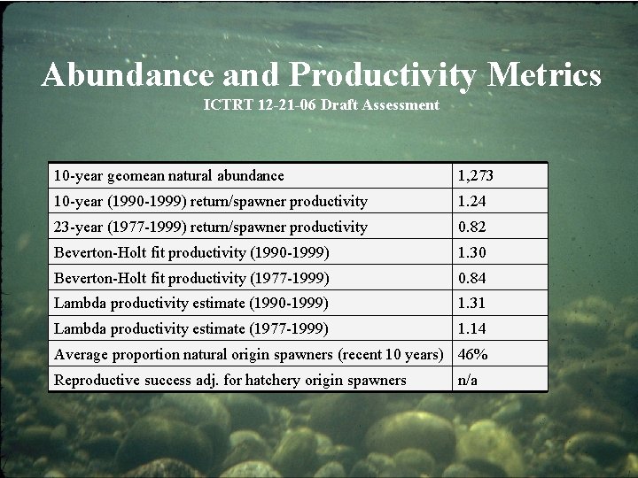 Abundance and Productivity Metrics ICTRT 12 -21 -06 Draft Assessment 10 -year geomean natural