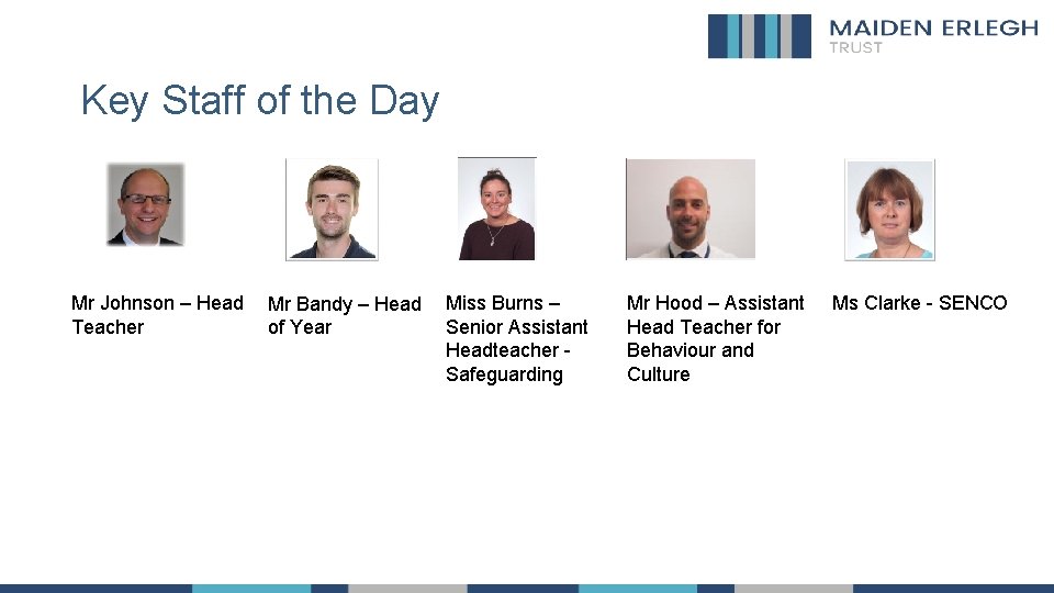 Key Staff of the Day Mr Johnson – Head Teacher Mr Bandy – Head