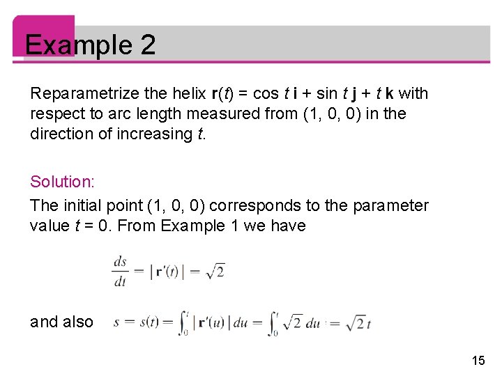 Example 2 Reparametrize the helix r(t) = cos t i + sin t j