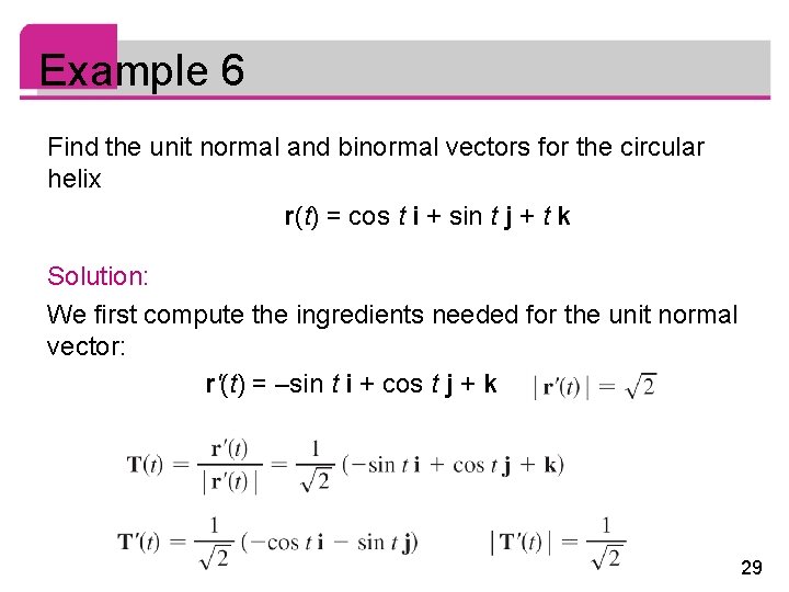 Example 6 Find the unit normal and binormal vectors for the circular helix r(t)