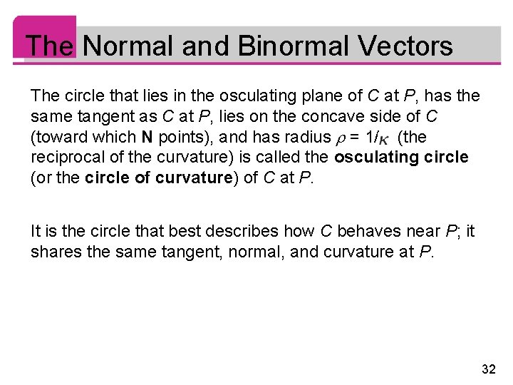 The Normal and Binormal Vectors The circle that lies in the osculating plane of