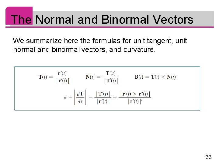 The Normal and Binormal Vectors We summarize here the formulas for unit tangent, unit