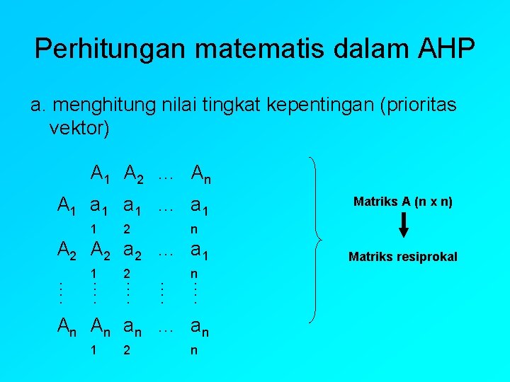 Perhitungan matematis dalam AHP a. menghitung nilai tingkat kepentingan (prioritas vektor) A 1 A