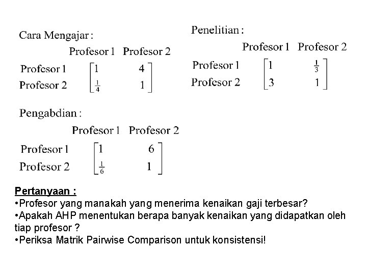 Pertanyaan : • Profesor yang manakah yang menerima kenaikan gaji terbesar? • Apakah AHP