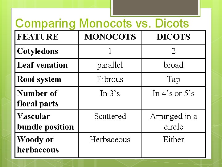 Comparing Monocots vs. Dicots FEATURE MONOCOTS DICOTS Cotyledons 1 2 Leaf venation parallel broad