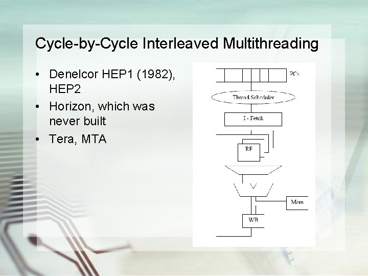 Cycle-by-Cycle Interleaved Multithreading • Denelcor HEP 1 (1982), HEP 2 • Horizon, which was