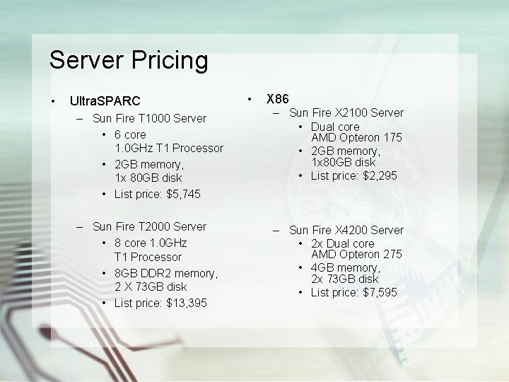 Server Pricing • Ultra. SPARC • X 86 – Sun Fire T 1000 Server