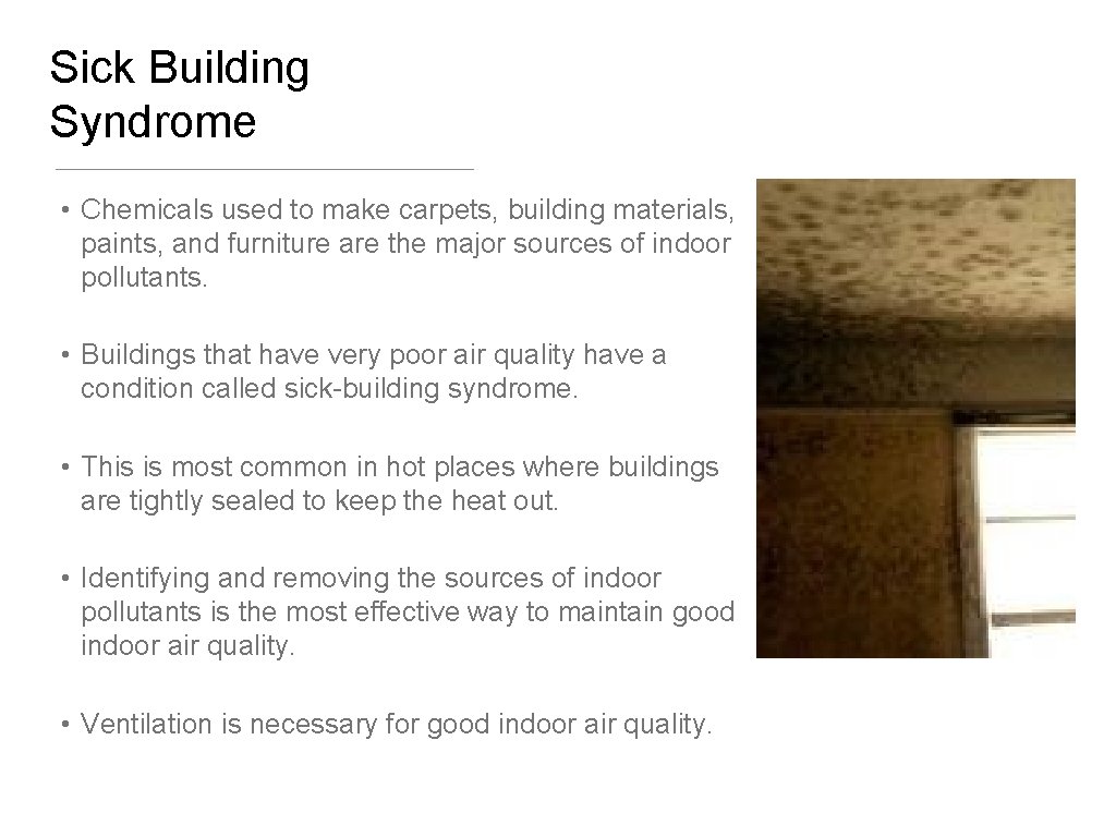 Sick Building Syndrome • Chemicals used to make carpets, building materials, paints, and furniture