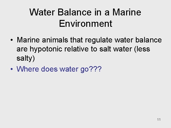 Water Balance in a Marine Environment • Marine animals that regulate water balance are