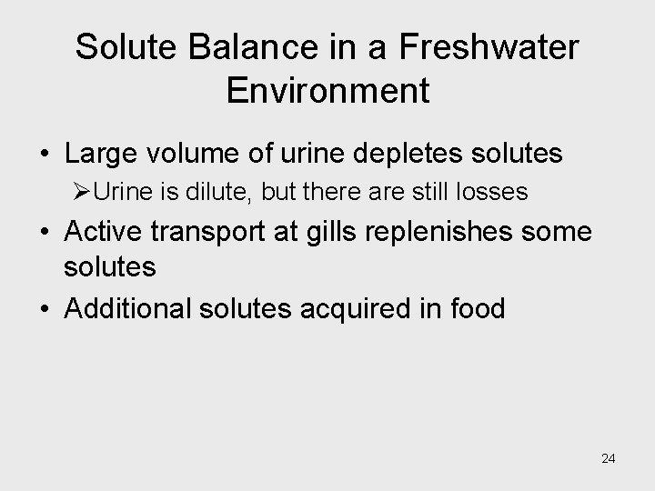 Solute Balance in a Freshwater Environment • Large volume of urine depletes solutes ØUrine