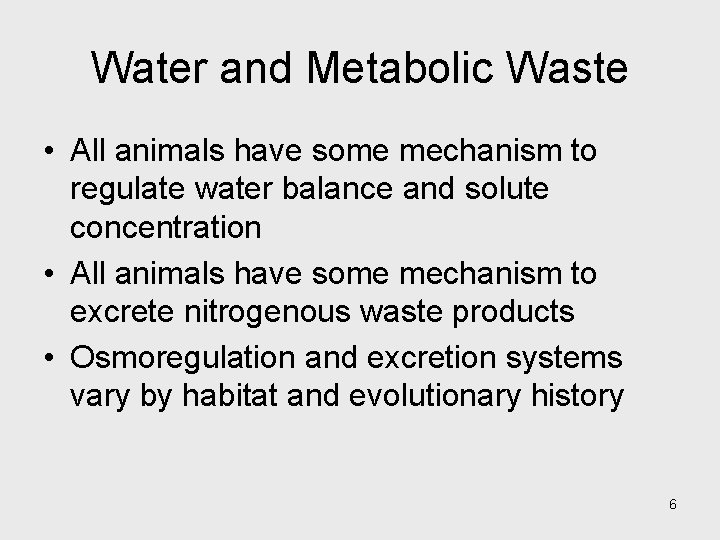 Water and Metabolic Waste • All animals have some mechanism to regulate water balance