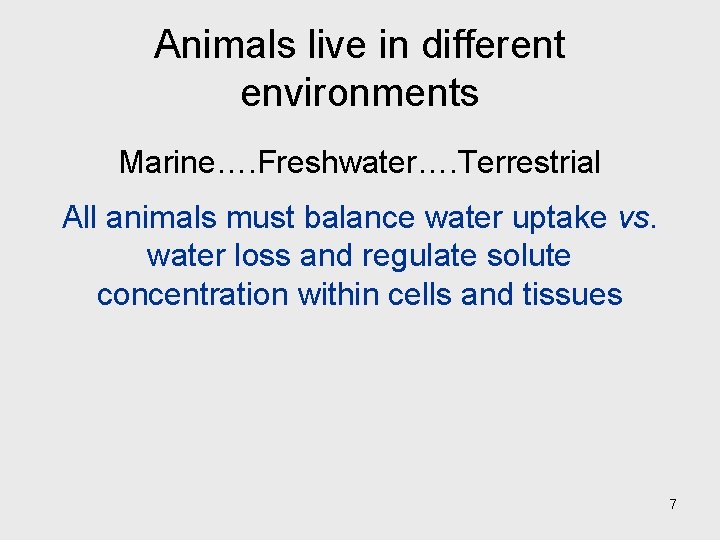 Animals live in different environments Marine…. Freshwater…. Terrestrial All animals must balance water uptake