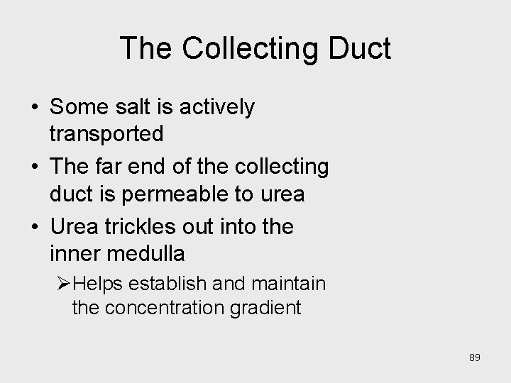 The Collecting Duct • Some salt is actively transported • The far end of