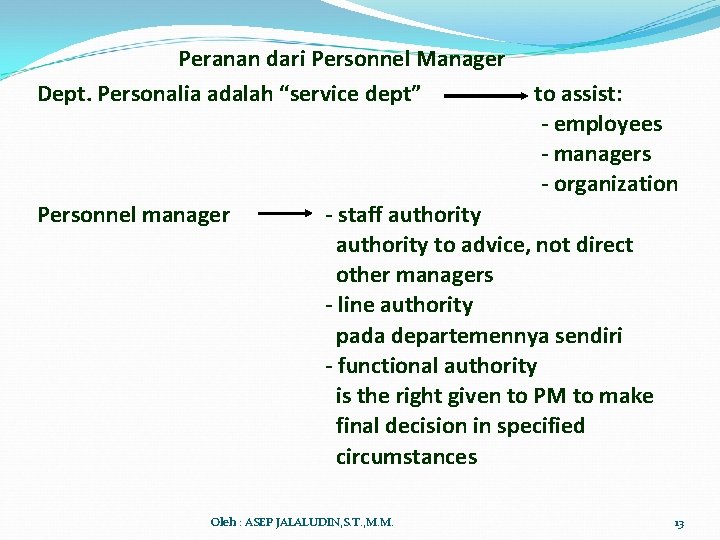 Peranan dari Personnel Manager Dept. Personalia adalah “service dept” Personnel manager to assist: -