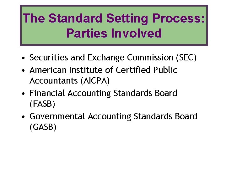 The Standard Setting Process: Parties Involved • Securities and Exchange Commission (SEC) • American