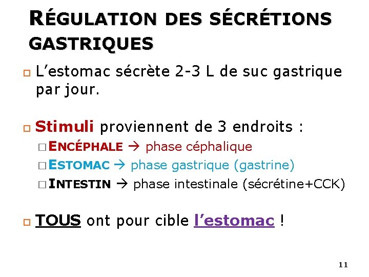 RÉGULATION DES SÉCRÉTIONS GASTRIQUES L’estomac sécrète 2 -3 L de suc gastrique par jour. RÉGULATION DES SÉCRÉTIONS GASTRIQUES L’estomac sécrète 2 -3 L de suc gastrique par jour.