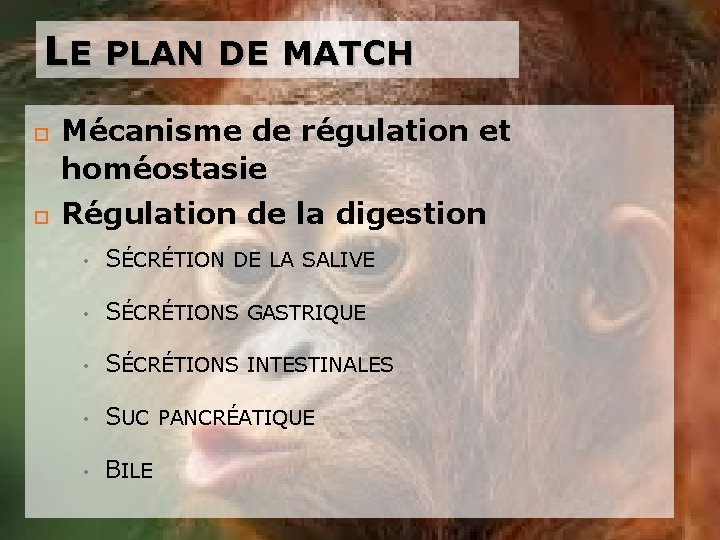 LE PLAN DE MATCH Mécanisme de régulation et homéostasie Régulation de la digestion • LE PLAN DE MATCH Mécanisme de régulation et homéostasie Régulation de la digestion •