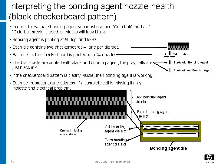 Interpreting the bonding agent nozzle health (black checkerboard pattern) • In order to evaluate Interpreting the bonding agent nozzle health (black checkerboard pattern) • In order to evaluate