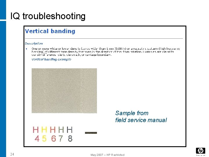 IQ troubleshooting Sample from field service manual 24 May 2007 – HP Restricted IQ troubleshooting Sample from field service manual 24 May 2007 – HP Restricted