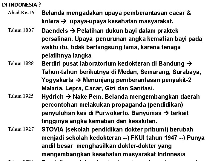 DI INDONESIA ? Abad Ke-16 Belanda mengadakan upaya pemberantasan cacar & kolera upaya-upaya kesehatan DI INDONESIA ? Abad Ke-16 Belanda mengadakan upaya pemberantasan cacar & kolera upaya-upaya kesehatan