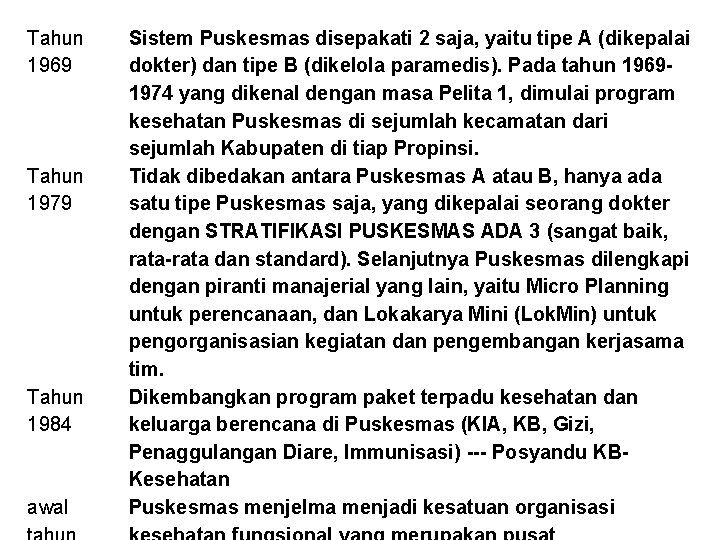 Tahun 1969 Tahun 1979 Tahun 1984 awal Sistem Puskesmas disepakati 2 saja, yaitu tipe Tahun 1969 Tahun 1979 Tahun 1984 awal Sistem Puskesmas disepakati 2 saja, yaitu tipe
