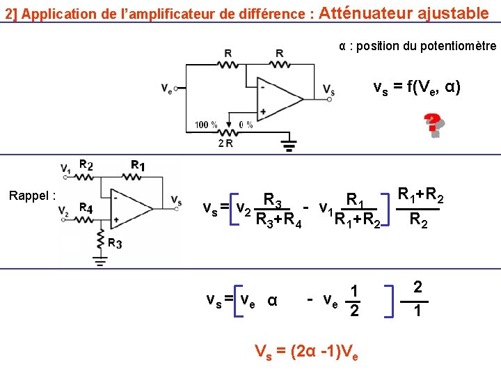 2] Application de l’amplificateur de différence : Atténuateur ajustable α : position du potentiomètre