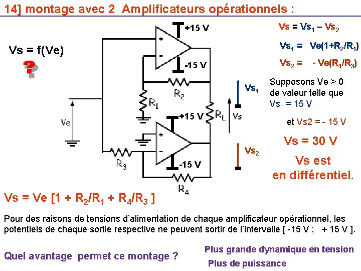 14] montage avec 2 Amplificateurs opérationnels : Vs = Vs 1 – Vs 2