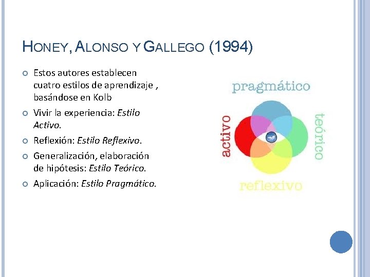 HONEY, ALONSO Y GALLEGO (1994) Estos autores establecen cuatro estilos de aprendizaje , basándose