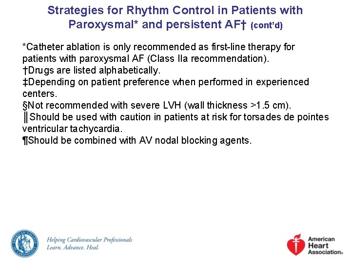 Strategies for Rhythm Control in Patients with Paroxysmal* and persistent AF† (cont’d) *Catheter ablation