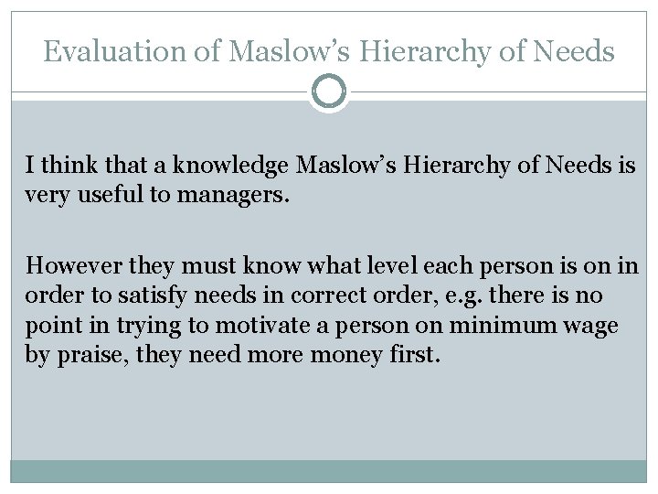 Evaluation of Maslow’s Hierarchy of Needs I think that a knowledge Maslow’s Hierarchy of